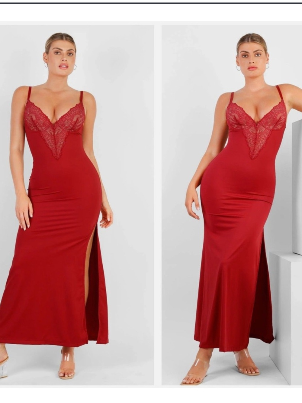 POPILUSH Shapewear Lace V Neck Slimming Maxi Slip Dress Red
